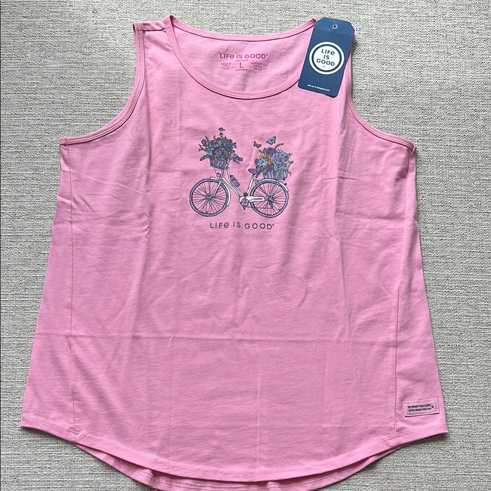 Life Is Good Pink Sleeveless Top with Bicycle Design Basket Crusher Large NWT - Picture 2 of 6